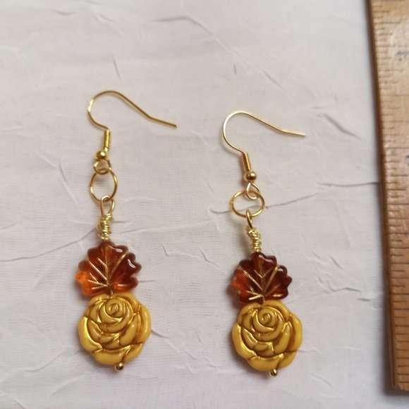 Steel Handmade Hand Crafted Leaf & Rose Beaded Dangle Earrings #55 - Picture 8 of 14